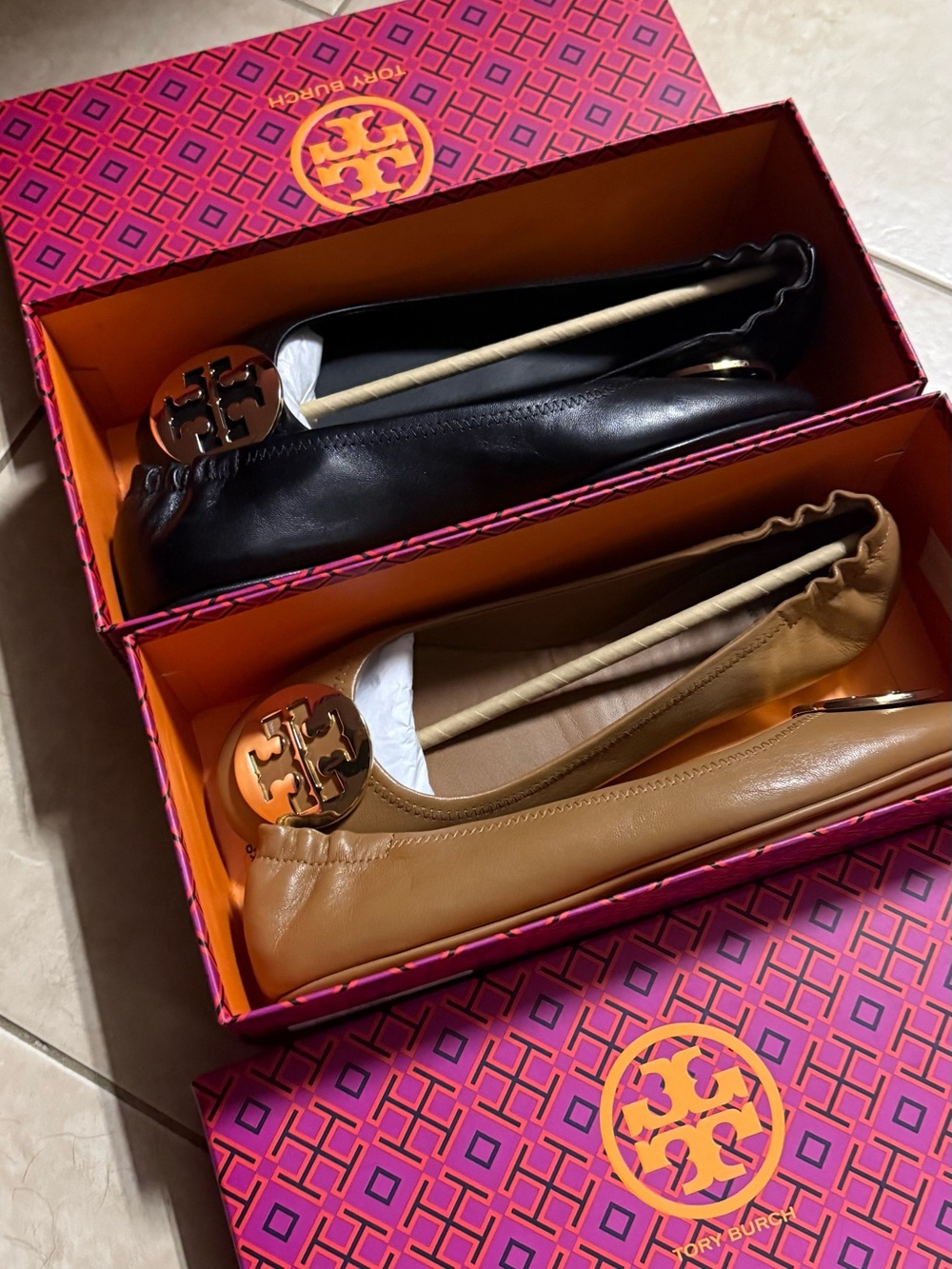 Tory Burch Black and Tan Leather Logo Ballet Flats